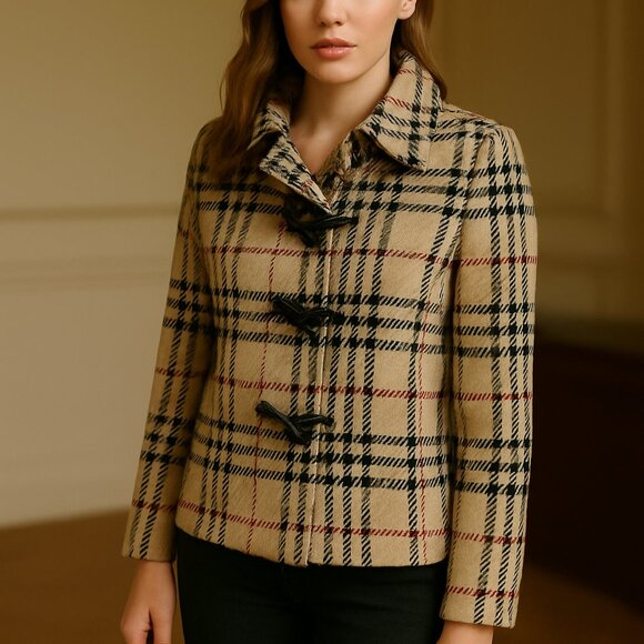 Burberry Nova Check Lambswool Toggle Coat Beige Black Red — Size S/M (Est.) - Picture 1 of 6